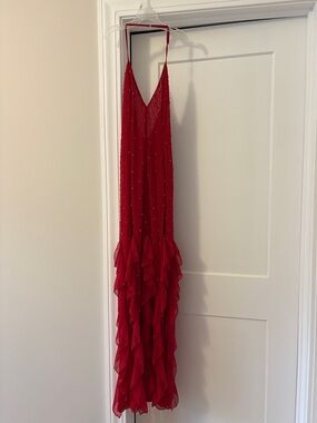 Oh Polly Red Beaded Ruffle Maxi Dress